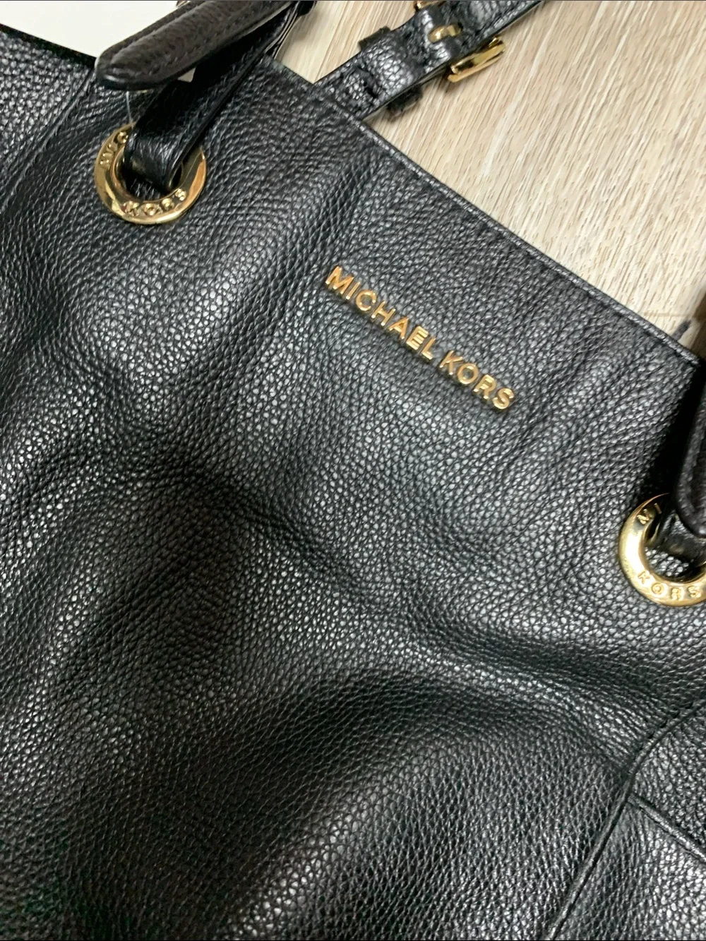 Michael Kors Black Leather Pebbled Tote with Gold Hardware